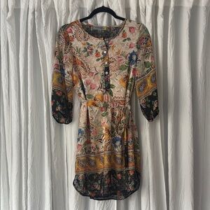 Boho Floral Paisley Belted Tunic Dress - Neutral Multi